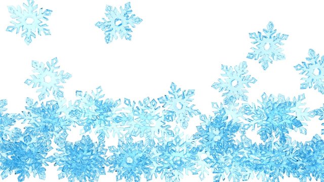 4K Light blue crystal snowflakes is falling down on a white background. 4K UHD 4096 x 2304 ultra high definition
