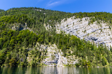Fototapeta premium Alpine mountain lake Obersee in Summer, Konigsee National Park, Bayern, Germany 