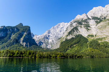 Naklejka na ściany i meble Alpine mountain lake Obersee in Summer, Konigsee National Park, Bayern, Germany 