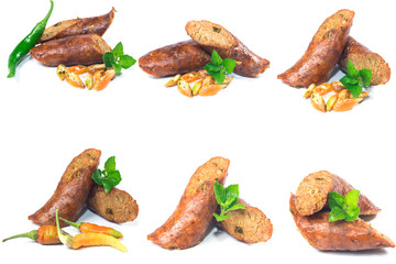 smoked sausage against on white background, Local cuisine of northern Thailand
