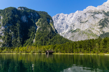 Alpine mountain lake Obersee in Summer, Konigsee National Park, Bayern, Germany 