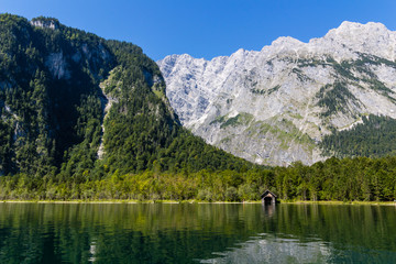 Alpine mountain lake Obersee in Summer, Konigsee National Park, Bayern, Germany 