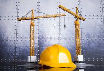 Crane, Safety helmet, Blueprints and construction site