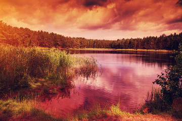 Dramatic sunset over lake