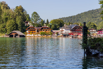 Fototapeta na wymiar The dock by lake Obersee, Konigsee National Park, Bayern, Germany