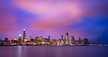 Chicago skyline under a dramatic sunset