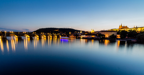 Prague, Czech Republic. Night photo of Charles Bridge, Castle and historical buildings