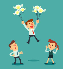 businessman holding a group of idea bulbs