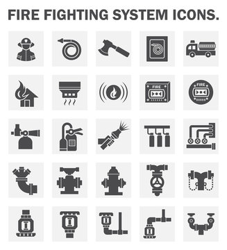 Firefighting system, equipment vector icon i.e. alarm, sprinkler, hose, extinguisher, firefighter or fireman for emergency, rescue, fire suppression by water, chemical. To safety, protection building.