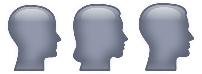 Button-Set: 3 menschliche Gesichter im Profil: weiblich, männlich, geschlechtsneutral / Vektor, freigestellt, blau-grau