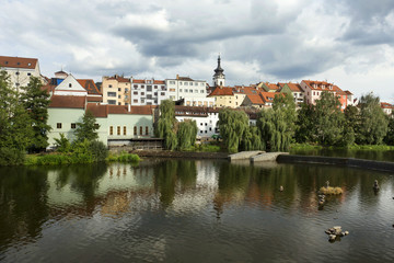 Naklejka na ściany i meble Colorful medieval Town Pisek above the river Otava, Czech Republic