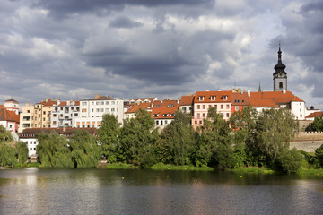 Obraz premium Colorful medieval Town Pisek above the river Otava, Czech Republic