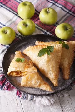 Delicious pie turnover with apples and raisins close-up. Vertical
