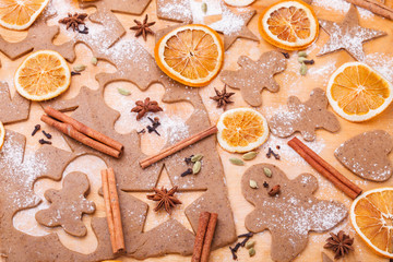 Making gingerbread cookies. Christmas baking background dough .