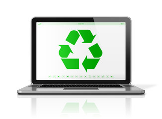 Laptop computer with a recycling symbol on screen. environmental