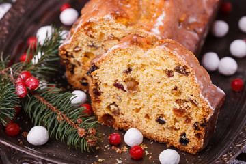 Christmas fruitcake with raisins and saffron.selective focus