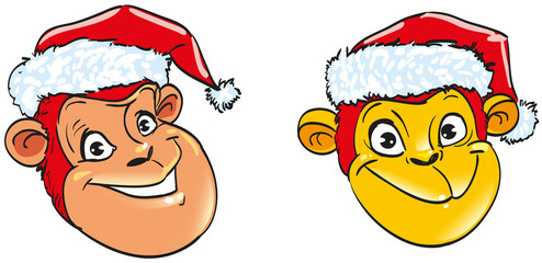Cheerful smiling head of fiery orange and red monkey in the red hat of Santa Claus with fur symbol following 2016 New way of animal vector illustration on New Year's Eve