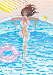 Sexy tanned blue-eyed young elegant glamor girl brunette with long hair in a pink bathing pool on a hot sunny summer day rest sitting in the swimming pool and the view from above Cocktail drinks