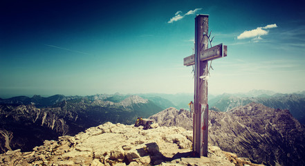 Summit Cross and Mountain Ranges in Allgau Alps