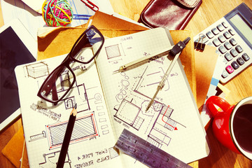 Designer Desk Architectural Tools Blueprint Concept