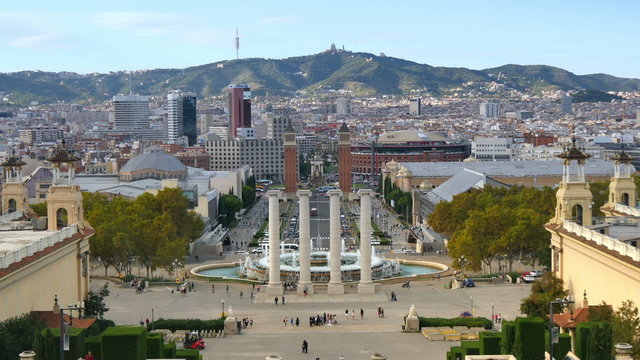 5258 BARCELONA, CATALONIA, SPAIN - Circa October, 2014 - An establishing shot of Font MÃ gica atop MontjuÃ¯c in Barcelona.	