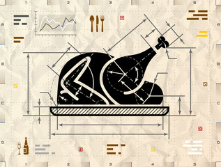 Whole turkey as technical blueprint drawing on crumpled paper