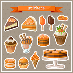 Set of stickers with sweets, cakes, ice cream and cupcakes