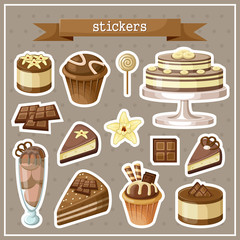 Set of stickers with sweets, cakes, ice cream and cupcakes