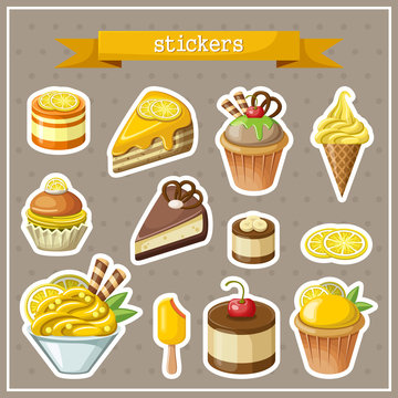 Set of stickers with sweets, cakes, ice cream and cupcakes