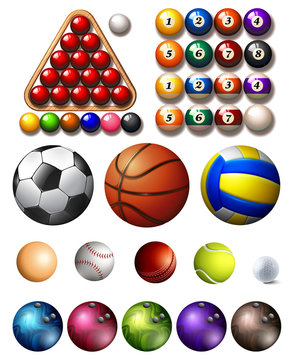 Different kind of balls of many sports