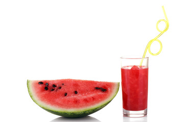 sliced watermelon and juice on a white background