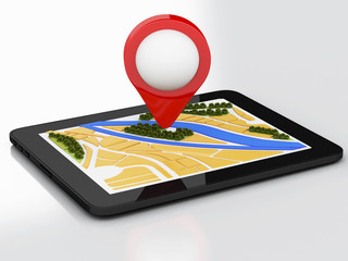 3d tablet pc with navigator map and pointer marker on city.