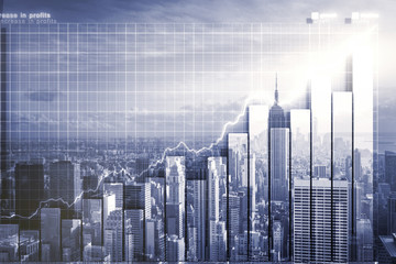 Plakat Double explosure with business chart and skyline