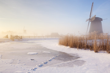 Dutch windmills in a foggy winter landscape in the morning - obrazy, fototapety, plakaty