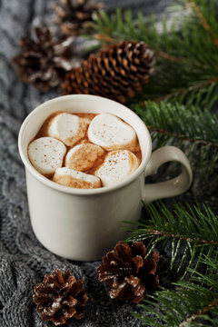 White cup of fresh hot cocoa or hot chocolate with marshmallows on knitted background