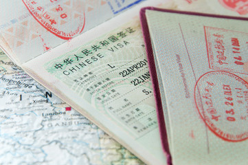 Macro of Chinese visa in passport