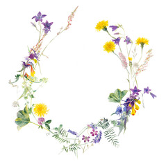 Bouquet from meadow flowers. Circle frame. Watercolor hand drawing illustration.