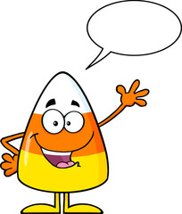 Candy Corn Cartoon Character Waving With Speech Bubble