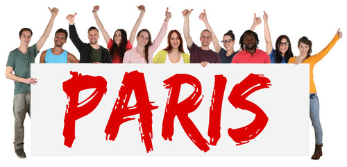 Paris Schild Multikulturell Gruppe lachen junge Leute Menschen
