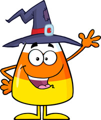 Candy Corn Cartoon Character With A Witch Hat Waving