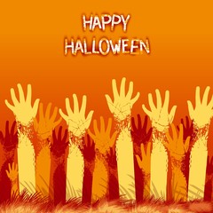 Bright card design for halloween holiday with zombie hands from the ground. Vector eps 10