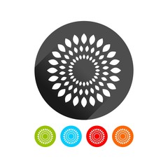 Colorful Geometric Flower Leaf Sunburst Icons, Symmetrical Teardrop Pattern with Black, Green, Blue, Orange, and Red Variations