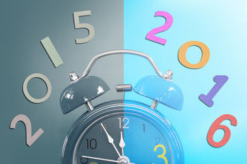 Alarm clock and paper craft. Countdown to new year 2016.