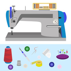 Vector illustration of sewing machine and other tailor stuff. We