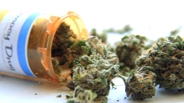 Medical Marijuana 7. Medical marijuana set against white, panning from left to right with a prescription bottle. (Bottle label is original, no copyright or trademark issue)