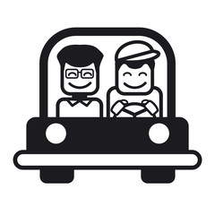 Young man with a friend driving a car. Vector illustration.