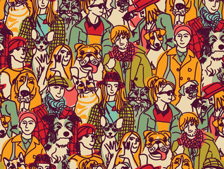 Big group people and pets color seamless pattern
