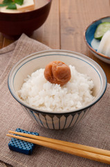 梅干しが乗せてあるご飯とお味噌汁