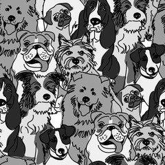 Group dogs seamless pattern gray scale