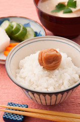 梅干しが乗せてあるご飯とお味噌汁